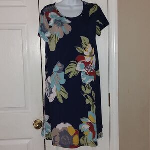 Navy floral print short sleeve vacation cruise casual dress  Sz M